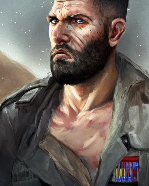 Image similar to portrait of muscular, tired and alcoholic 3 0 - year - old grieving man with short darkblonde hair, serious sad look in his eyes, looking down, dirty beard, blue eyes, crying tears, wearing dirty soldier uniform, on the desert, sad atmosphere, hyper realistic face, character art, art by artgerm, cryengine, trending on artstation, digital art