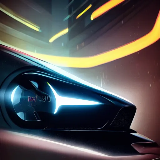 Image similar to detailed intricate digital illustration by greg rutkowski and artgerm and wlop ; 2 0 2 4 concept car electric vehicle, sharp, smooth, closeup view ; bright, glowing, led headlights and sleek design ; sharp focus, depth of field, car rig shot from the batman