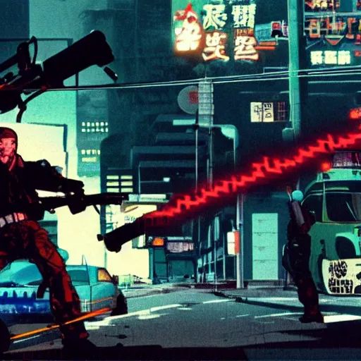 Image similar to 1991 Video Game Screenshot, Anime Neo-tokyo Cyborg bank robbers vs police shootout, bags of money, Police officer hit, Bullet Holes and Blood Splatter, Hostages, Cyberpunk, Anime VFX, Violent, Action, MP5S, FLCL, Highly Detailed, 8k :4 by Katsuhiro Otomo + Studio Gainax + Arc System Works : 8