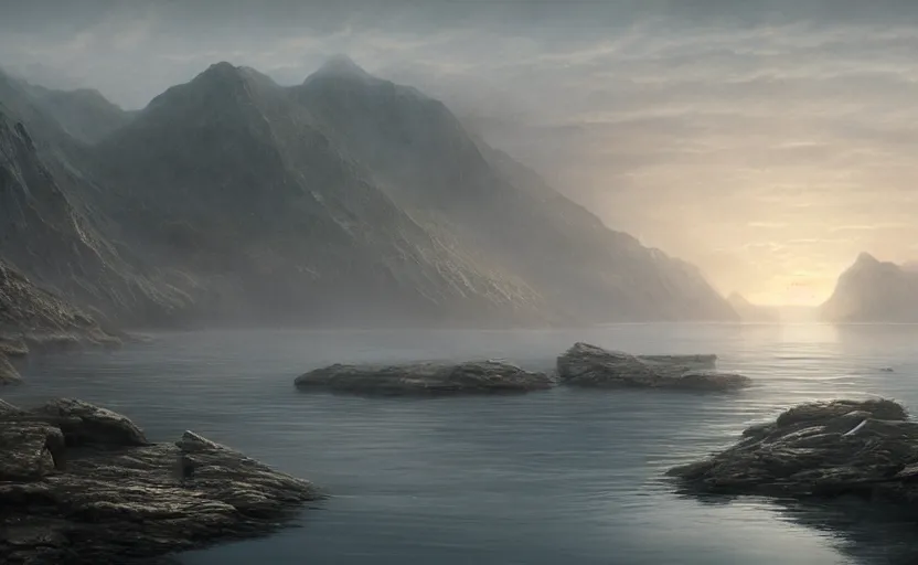 Image similar to a strange lake directed by charlie kaufman ( 2 0 0 1 ) anamorphic lenses, a rocky shore in the foreground, foggy volumetric light morning, a beam of light from the heavens, cinematic trending on artstation in the style of greg rutkowski