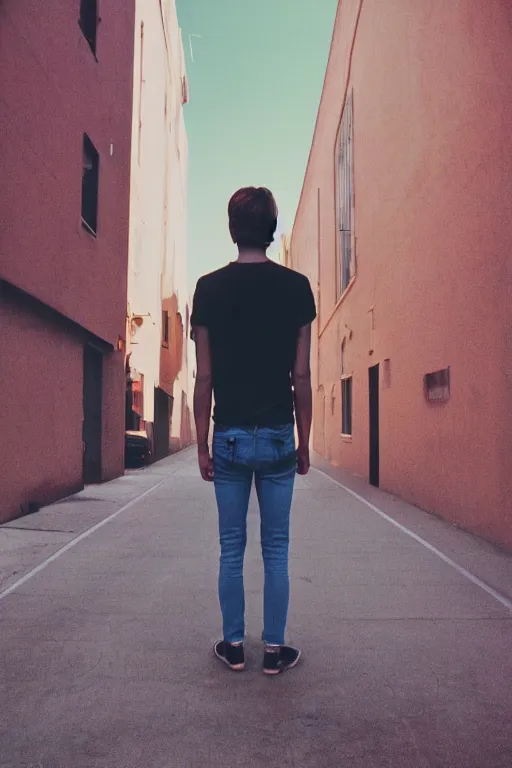Prompt: kodak ultramax 4 0 0 photograph of a skinny guy standing in street, back view, grain, faded effect, vintage aesthetic, vaporwave colors,