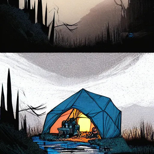 Image similar to a tent by the river in the deep, remote woods by tim doyle, from nightmare before christmas | detailed | elegant | trending on artstation