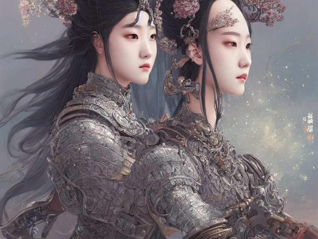 Prompt: portrait jisoo blackpink, grey hair armored samurai clothes, inside fire japanese temple, ssci - fi and fantasy, intricate and very very beautiful and elegant, highly detailed, digital painting, artstation, concept art, smooth and sharp focus, illustration, art by tian zi and wlop and alphonse mucha