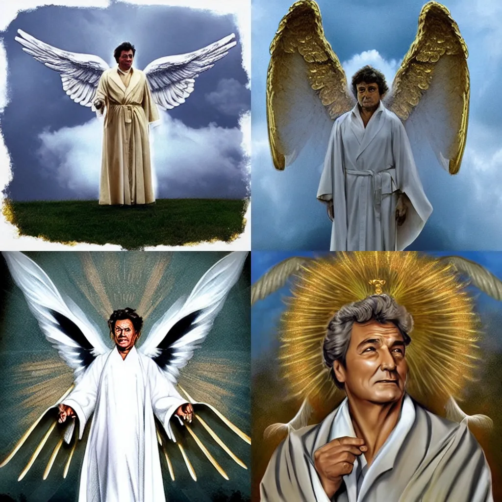 Image similar to columbo as an angel, white robes, wings, symmetrical face!!!!, round symmetrical eyes!!!, heaven!!!!!!!!, gold gates of heaven!!!!!!!!, clouds on ground!!!!!, fog!!!,, color, hdr