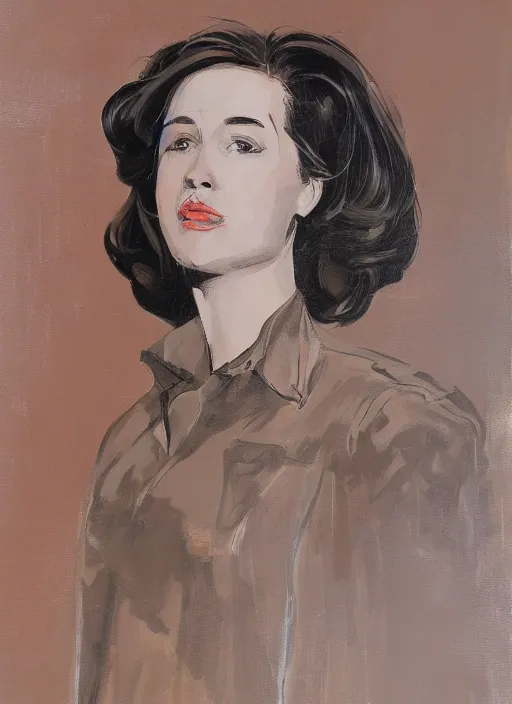 Image similar to detailed artwork by phil noto ; stylized painting of young jennifer connelly from the rocketeer ; brush texture ; asymmetric composition ; paint texture ; trending on artstation ; gallery painting by phil noto, comic style