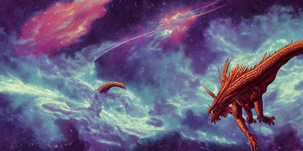 Image similar to a cinematic shot of an alien dragon flying through outer space, epic nebula, style of jean giraud moebius, moebius, matte illustration