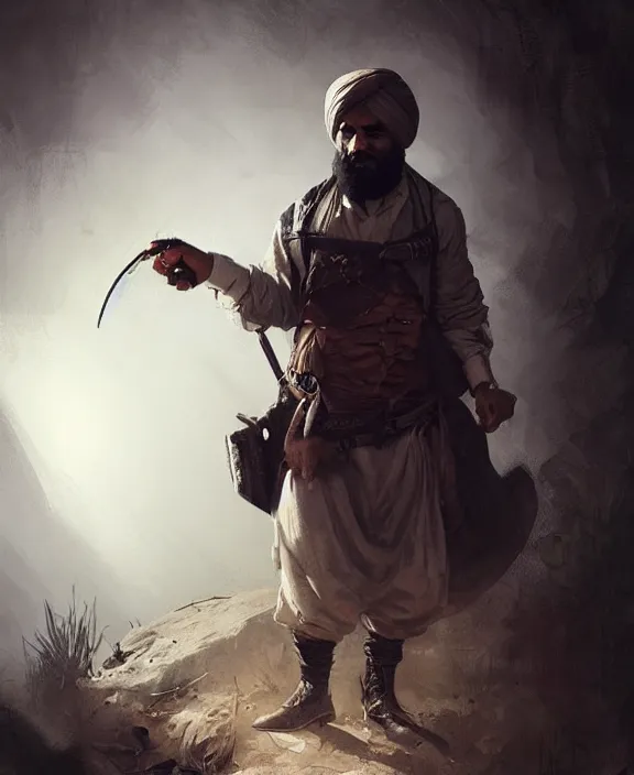 Prompt: Arabic Hunter in Hunt Showdown, posing, turban, white shirt, 1890s pants, quality lighting, dark colors, maximalism, ultra facial detail, Tooth Wu Artgerm Greg Rutkowski artstation deviantart, 8k, fanart, extreme aesthetic