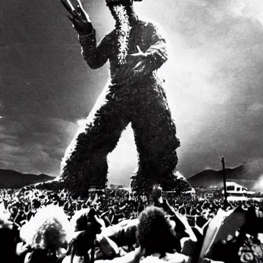 Prompt: a person in a Godzilla costume as Jimi Hendrix performing on stage at Woodstock, photo