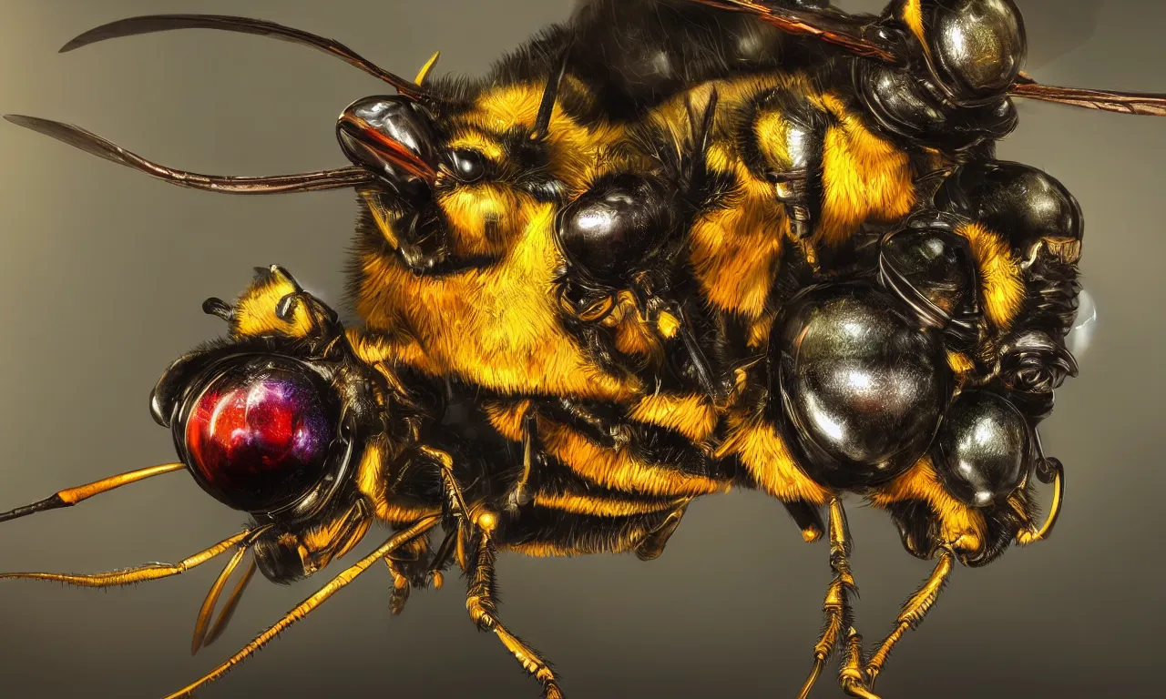 Prompt: extreme close up of a mechanical wasp, vivid colors, high details, cinematic, 8k resolution, beautiful detailed, photorealistic, digital painting, artstation, concept art, smooth, sharp focus, illustration, fantasy background, artstation trending, octane render, unreal engine