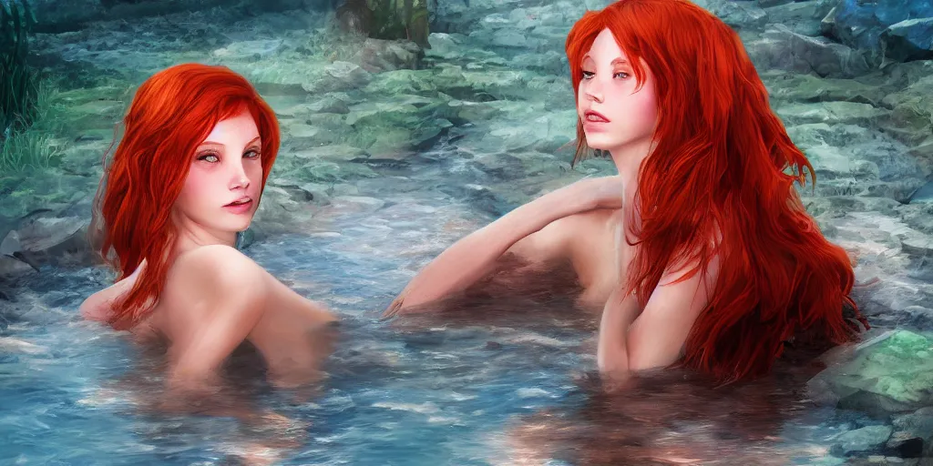 Image similar to redhead beautiful girl bathing in a river, illustration, night moonlight, digital art, oil painting, fantasy, 8 k, trending on artstation, detailed