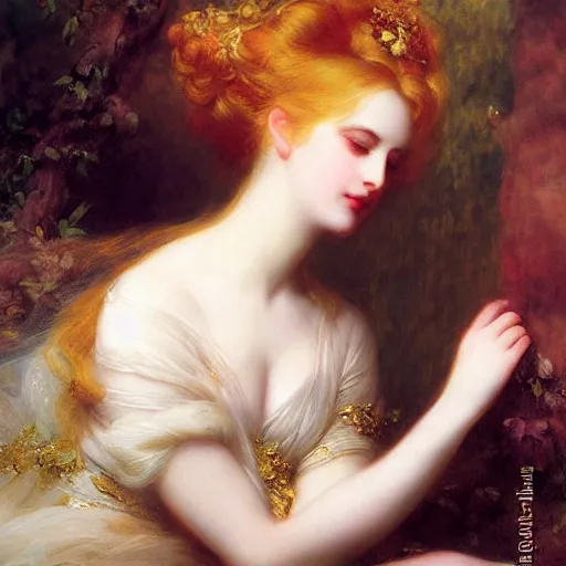 Image similar to blonde beautiful sleeping princess by Franz Xaver Winterhalter and Delphin Enjolras and Rebecca Guay