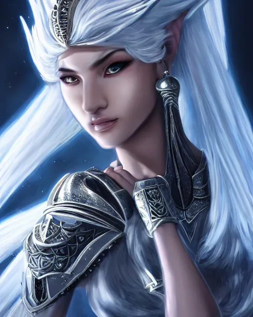 Image similar to perfect white haired egyptian goddess wearing white dove wings, warframe armor, regal, attractive, ornate, sultry, beautiful, ice queen, half asian, pretty face, blue eyes, detailed, scifi platform, 4 k, ultra realistic, volumetric lighting, illuminated, cinematic, masterpiece, art by akihito tsukushi, voidstar