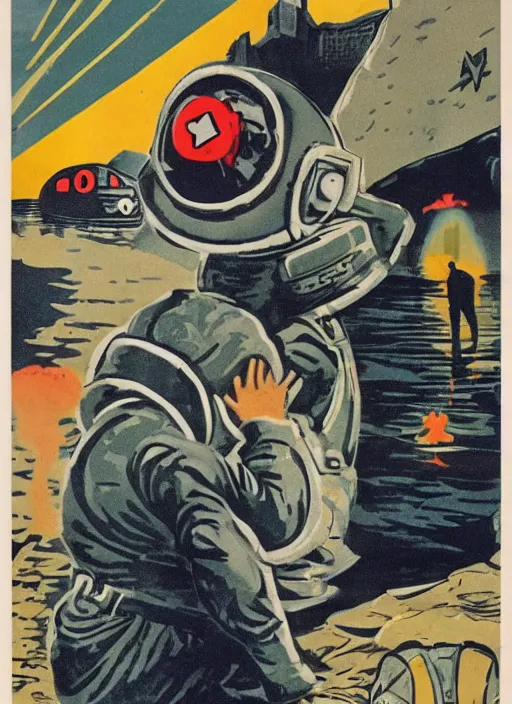 Image similar to cold war civil defense poster teaching survival secrets for atomic attacks, duck and cover with bert the turtle,