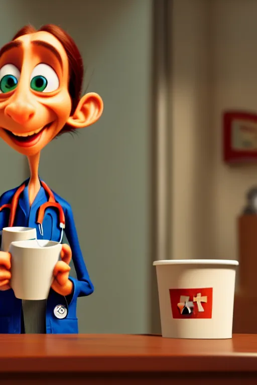 Image similar to portrait of the crazy doctor holding a cup of coffee, hospital in background, full body. pixar disney 4 k 3 d render funny animation movie oscar winning trending on artstation and behance. ratatouille style.