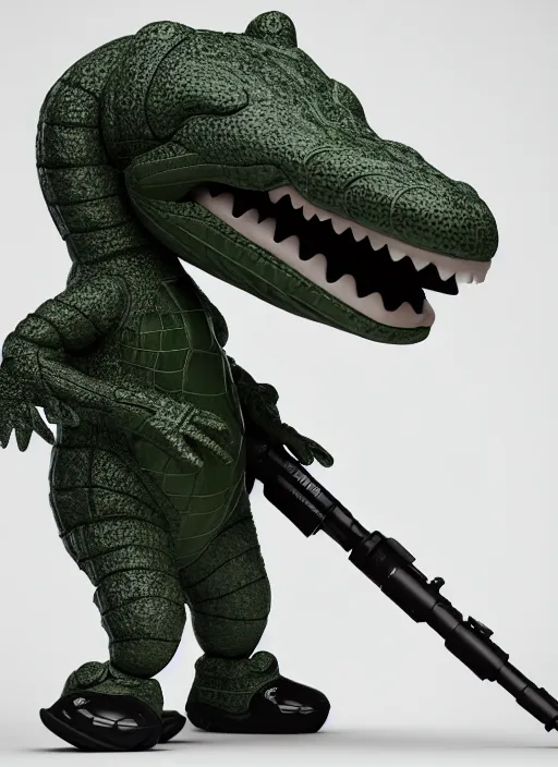 Image similar to a cute plush alligator, fluffy, cartoony, wearing nike sneakers, holding a bazooka, black backround, hyper detailed, octane render 🤣