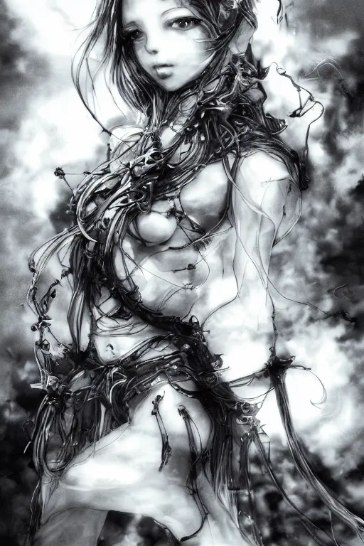 Image similar to a vertical portrait of a character in a scenic environment by Yoshitaka Amano, black and white, dreamy, cybernetic suit, wavy long black hair, highly detailed