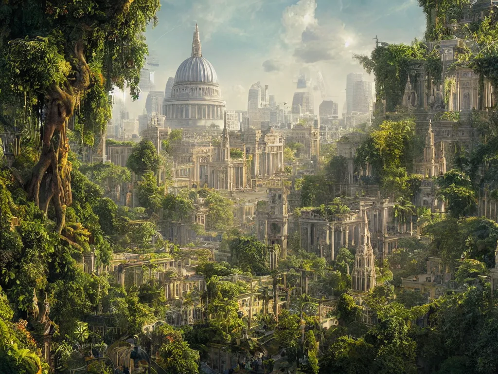 Prompt: Saint Paul\'s Cathedral and the London skyline covered with the Hanging Gardens of Babylon, with dramatic lighting, in the style of Moebius, arboretum, lush greenery, jungle, t hyperrealism photography of London covered with colorful plants and fungi, cgi detailed, dramatic lighting, cgsociety, in style of photorealism artist, cinematic shot