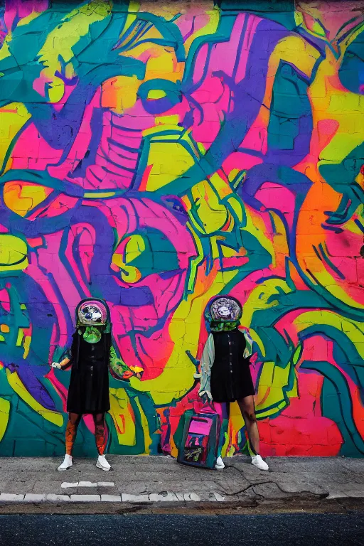 Image similar to a surreal portrait of two women wearing gas masks camouflaged into a wall of colorful graffiti in the style of brooke didonato, editorial fashion photography from vogue magazine, full shot, nikon d 8 1 0, ƒ / 2. 5, focal length : 8 5. 0 mm, exposure time : 1 / 8 0 0, iso : 2 0 0