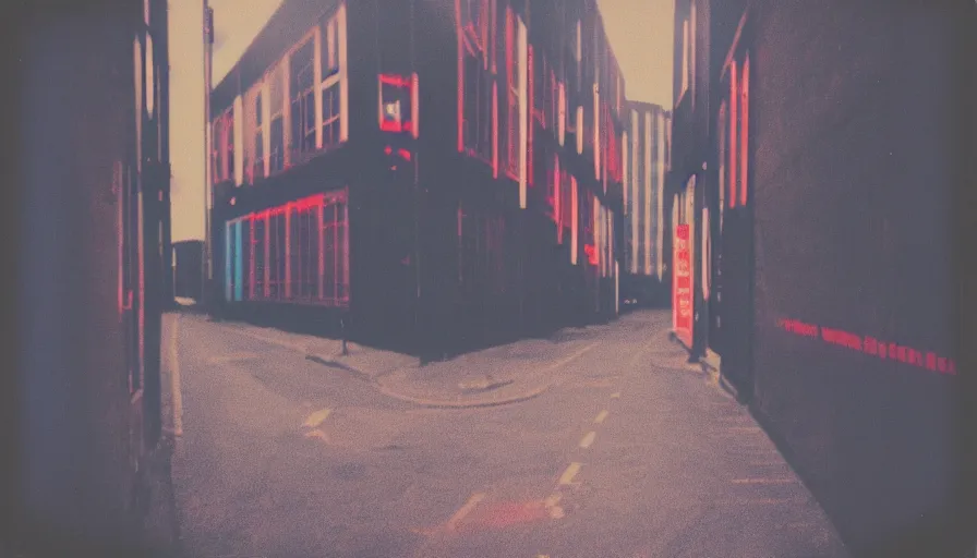 Prompt: analog polaroid photograph of an alley with road markings and neon lights, warehouse, sea containers, high perspective, warm azure tones, red color bleed, duotone, heavy film grain, depth of field