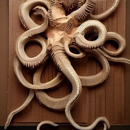 Image similar to tentacles made of brown corrugated cardboard, cut out of cardboard, realistic photography, fantasy