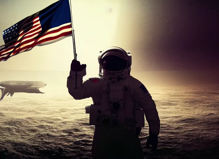 Prompt: astronaut holding a flag in an underwater desert. a submarine is visible in the distance. dark, concept art, cinematic, dramatic, atmospheric, 8 k, trending on artstation, blue, fish, low visibility, light rays, extremely coherent, bubbles, fog, ocean floor, christopher nolan, interstellar