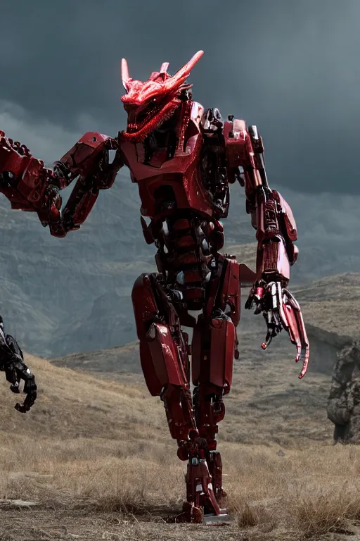 Image similar to cinematic still of westworld, a full body red si - fi robotic fantasy dragon, well armored mech dragon, highly detailed