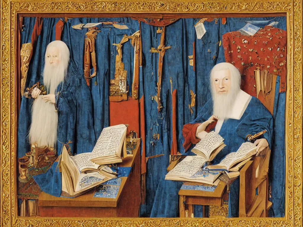 Image similar to Portrait of albino mystic with blue eyes, with books, large illustrated manuscripts. Painting by Jan van Eyck, Audubon, Rene Magritte, Agnes Pelton, Max Ernst, Walton Ford