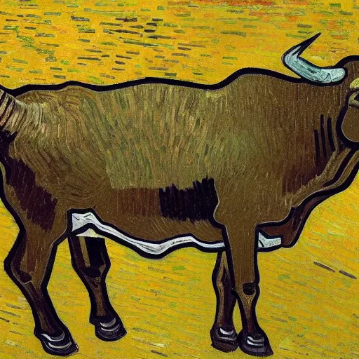 Image similar to a brown cow falling down an endless flight of stairs, van gogh painting