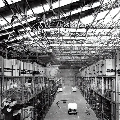 Image similar to scientists inventing future technology in a warehouse in 1 9 7 0, black and white, hyper realistic, 4 k, highly ornate intricate details, sharp image, incredible detail,