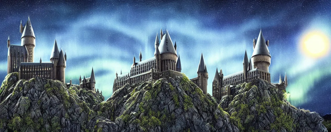 Prompt: Hogwarts in the mountains, forest, at night, blue aurora, shooting stars, matte painting, award winning, highly detailed