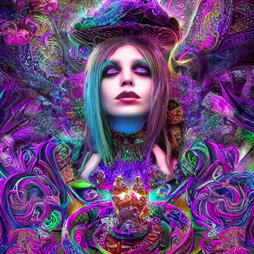 Image similar to psychadelic witch, hyper detailed, flowing psychadelic background intricate and detailed, ornate 8 k gorgeous intricate detailed, octane render