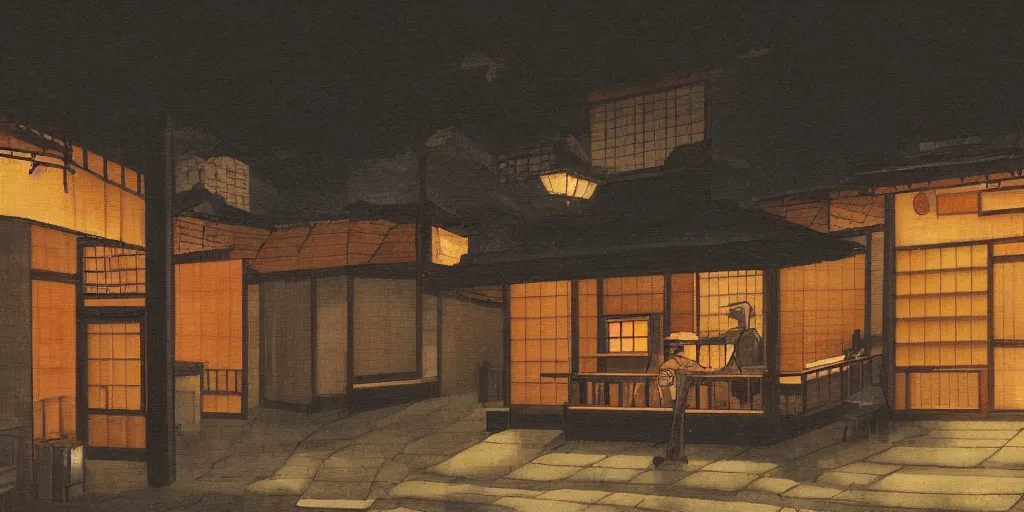 Prompt: A Japanese cafe in the style of the Nighthawk painting, highly detailed, mysterious atmosphere