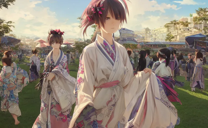 Image similar to anime style, panoramic view, a girl walking, summer festival in background, yukata clothing, battlefield in background, hair down, symmetrical facial features, real faces, from arknights, hyper realistic, 4 k, extreme detail, trending artstation, safebooru, realistic lighting, by alphonse mucha, greg rutkowski, sharp focus