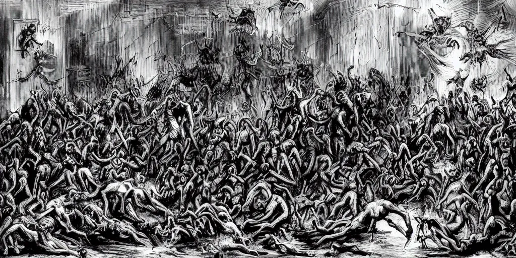 Image similar to demonish scene with many small demons and one bigger in the middle, red color, candles, bodies, gore, black and white, monochromatic