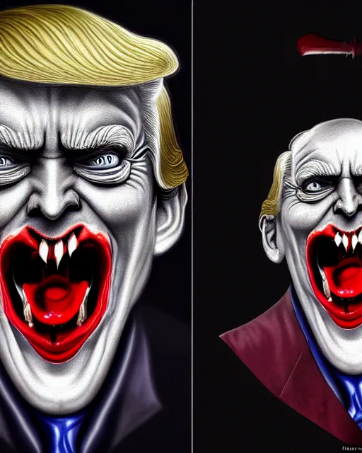 Image similar to donald trump dracula, fangs, character portrait, close up, concept art, intricate details, hyperrealism, in the style of otto dix and h. r giger