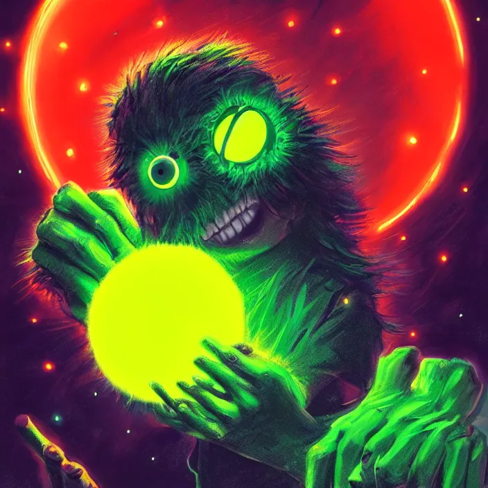 Prompt: cinematic portrait of a cute tennis ball monster in space, neon lasers, chalk, masterpiece, trending on artstation, featured on pixiv, cinematic composition, dramatic pose, beautiful lighting, sharp details, hyper - detailed, hd, hdr, 4 k, 8 k, art by basil gogos