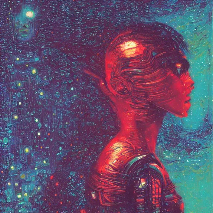 Image similar to beautiful female portrait, red and green palette, night lights, starry sky, by ( h. r. giger ) and paul lehr