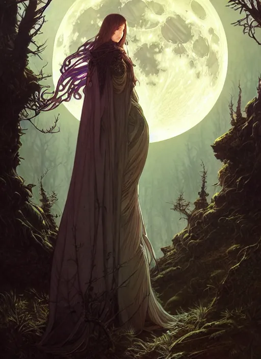 Image similar to full moon, adventurer outfit large cloak, fantasy forest landscape, dragon scales, fantasy magic, dark light night, intricate, elegant, sharp focus, illustration, highly detailed, digital painting, concept art, matte, art by WLOP and Artgerm and Greg Rutkowski and Alphonse Mucha, masterpiece