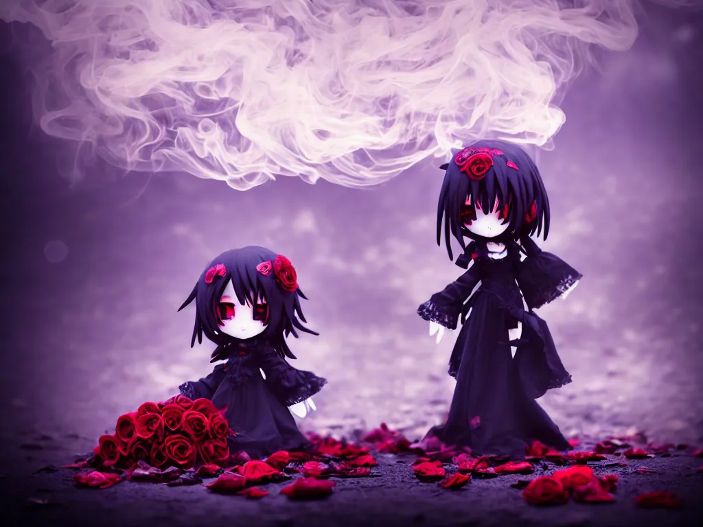 Image similar to cute fumo plush of a gothic maiden girl clutching lots of decayed roses, stale twilight, swirling vortices of emissive smoke and volumetric fog over the river, bokeh, vignette, vray