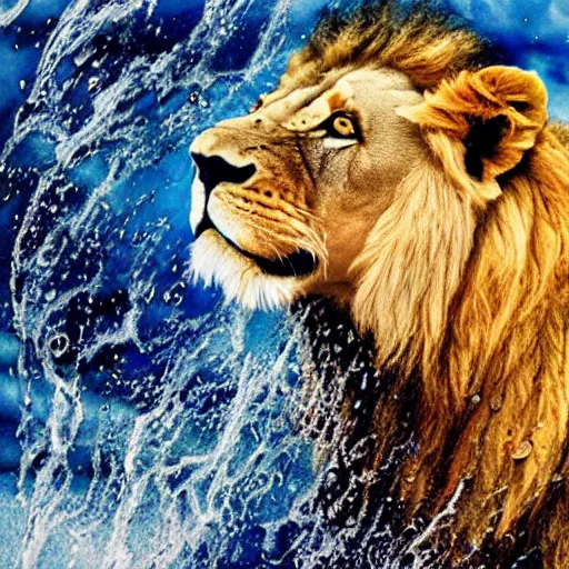 Image similar to a male lion's face breaching through a wall of water, water sprites, splashing, deep blue water color, highly detailed