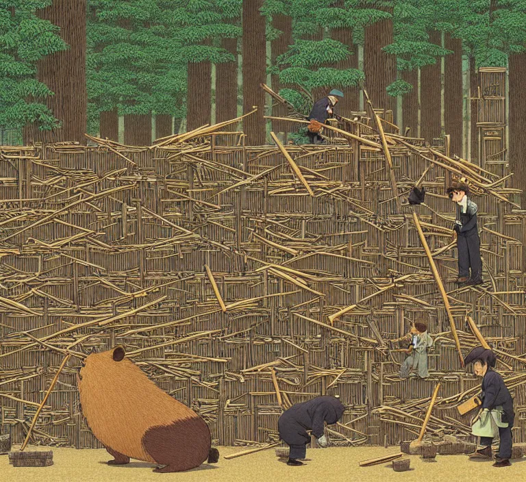 Prompt: photography hyperrealism concept art of anthropomorphic beavers builders that building city with sticks by hasui kawase