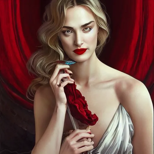 Image similar to “ daria strokous as a movie femme fatale, smiling, with blood red lips, intricate, elegant, highly detailed, digital painting, artstation, concept art, smooth, sharp focus uhd 8 k, art by artgerm and greg rutkowski and alphonse mucha ”