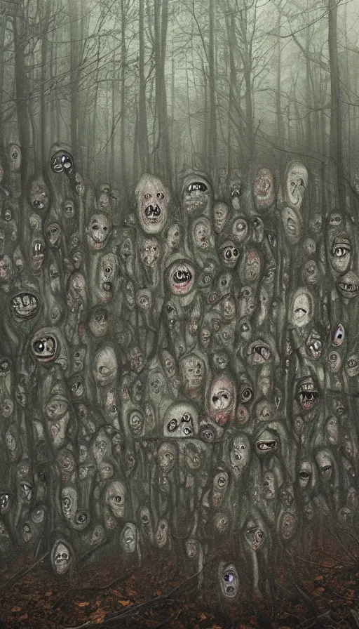Image similar to a storm vortex made of many demonic eyes and teeth over a forest, by alyssa monks