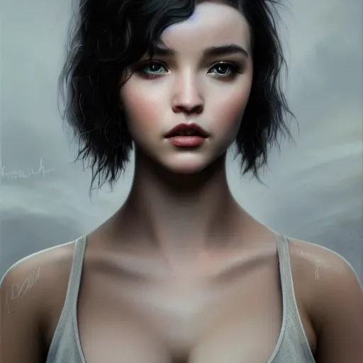 Image similar to tom bagshaw portrait, beautiful mix of dove cameron madison beer bella poarch in a camisole and hotpant, short cyberpunk haircut, professionally retouched, focus eyes, ultra realistic soft painting, insanely detailed linework, symmetrical accurate intricate features, behance, 8 k, - signature