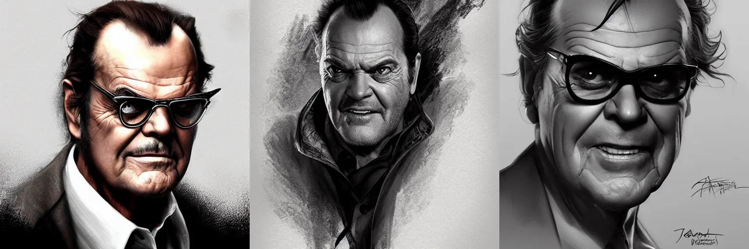 Prompt: portrait of Jack Nicholson as a detective, highly detailed, digital painting, artstation, concept art, sharp focus, illustration, art by artgerm and greg rutkowski and alphonse mucha
