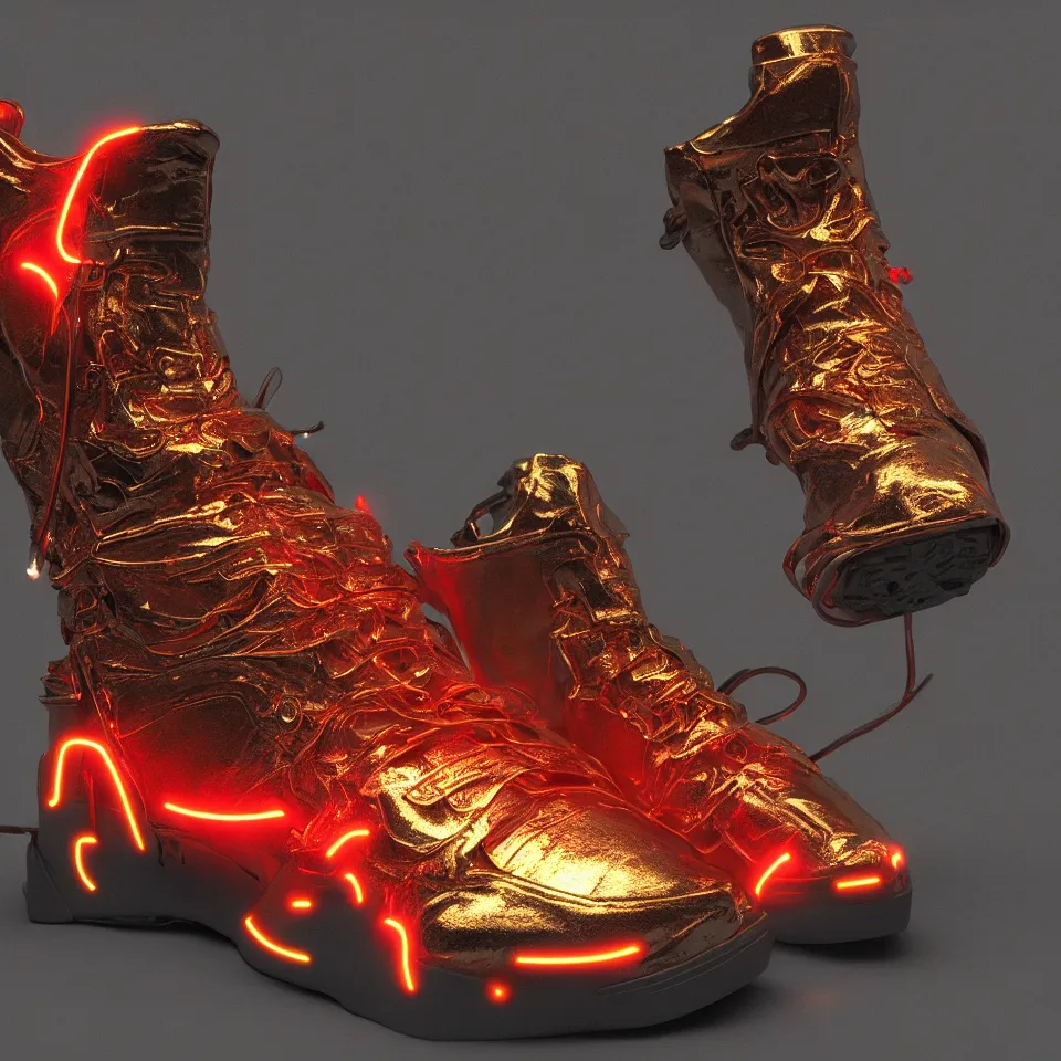 Prompt: realistic 8 k sculpture of a cyberpunk sneaker with neon illuminated rubber soles and soft orange shoelaces, beautiful studio lighting, soft, sharp focus, cyberpunk, intricate detail, gold and red accents, soft rubber, octane render, trending on artstation, deviantart, art by converse