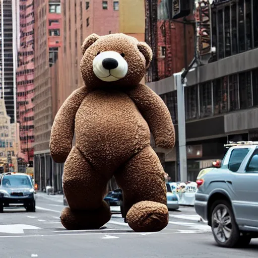 Prompt: a giant teddy bear is walking and crashing buildings in New York
