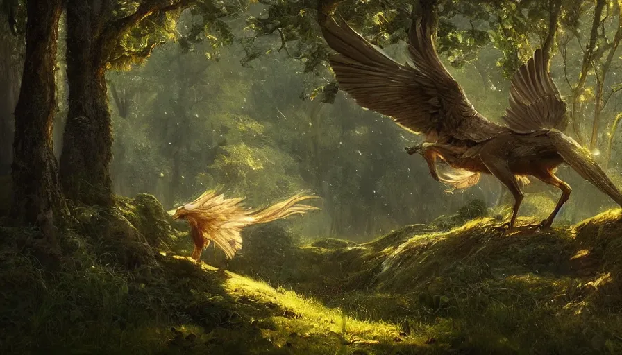 Prompt: A beautiful detailed painting of a griffin in a magical forest, ray traced sun light, by Greg Rutkowski and Kalin Popov , Trending on artstation HD.