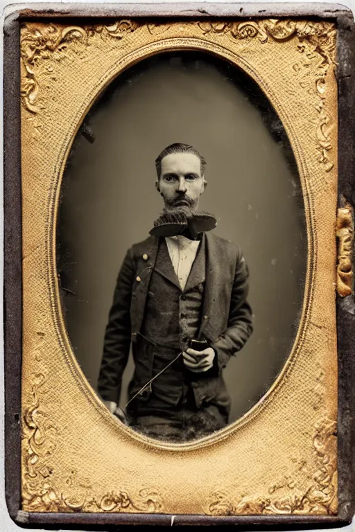 Prompt: a tintype photo portrait of a man with an octopus for a head, highly detailed, 5 0 0 px, sharp focus