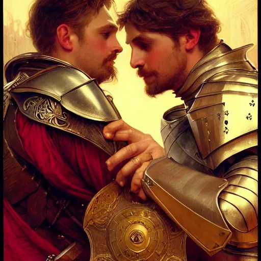 Image similar to attractive arthur pendragon and his attractive male knight, they are in love, natural lighting, path traced, highly detailed, high quality, digital painting, by gaston bussiere, craig mullins, alphonse mucha j. c. leyendecker